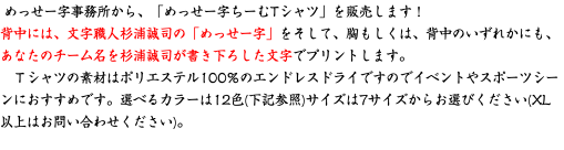 &nbsp;めっせー字事務所から、「めっせー字ちーむTシャツ」を販売します！ 背中には、文字職人杉浦誠司の「めっせー字」をそして、胸もしくは、背中のいずれかにも、あなたのチーム名を杉浦誠司が書き下ろした文字でプリントします。 Ｔシャツの素材はポリエステル100％のエンドレスドライですのでイベントやスポーツシーンにおすすめです。選べるカラーは12色(下記参照)サイズは7サイズからお選びください(XL以上はお問い合わせください)。